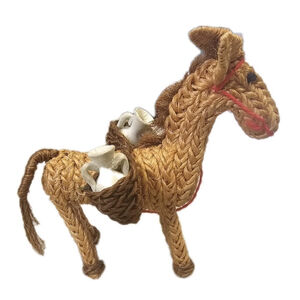 1960s Vintage Mexican Woven Straw Donkey Burro with Clay Pots- Pack Mule